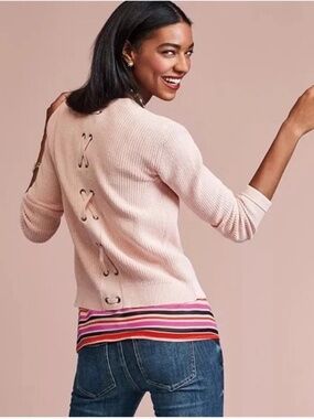 CAbi #3357 Eliza Ballet Slipper Pink Lace Up Back Ribbed Cardigan Sweater